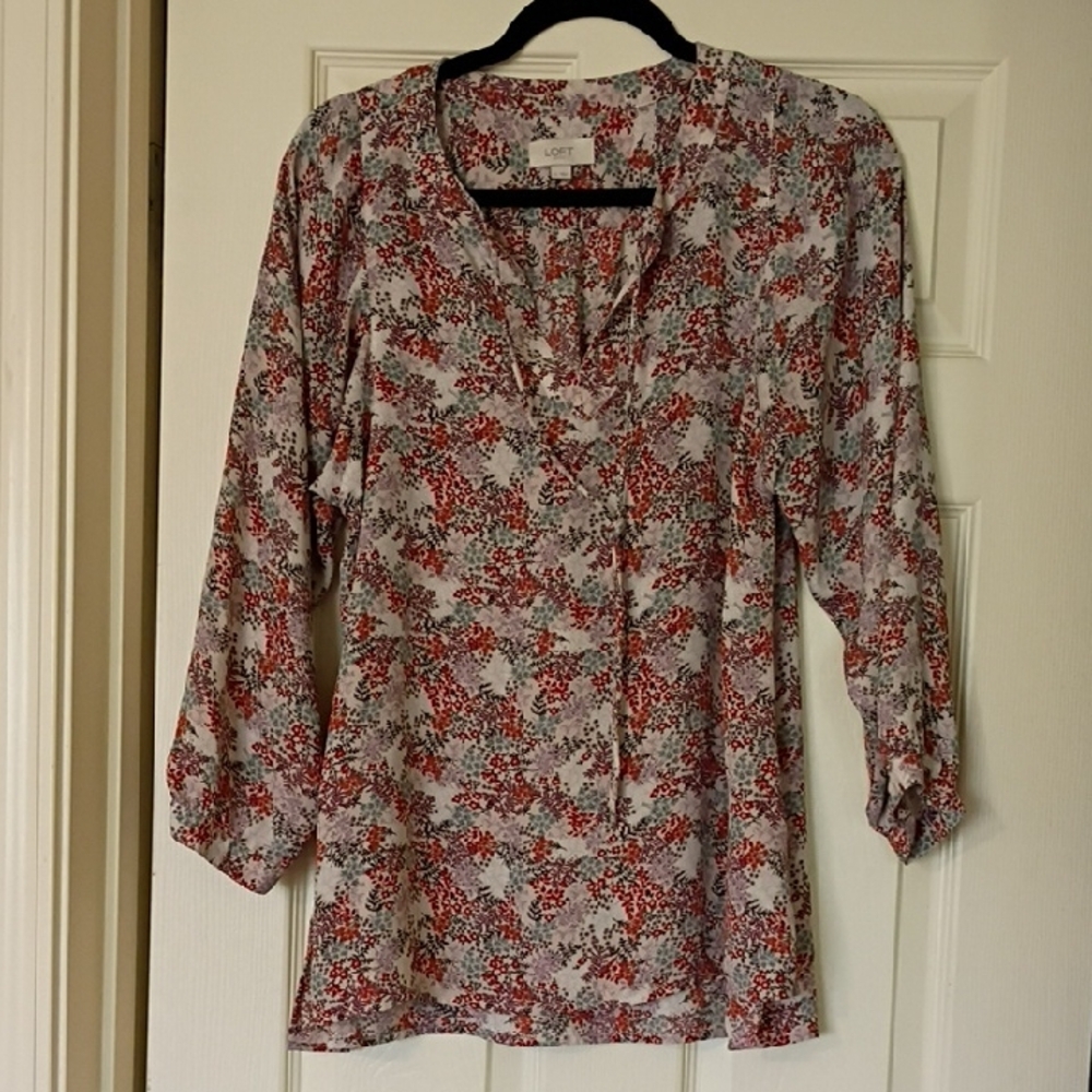 LOFT Lightweight Red Floral V-Neck Tunic Blouse